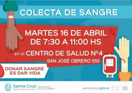 Se realizará colecta de sangre en el Centro de Salud Nº4 de Río Gallegos