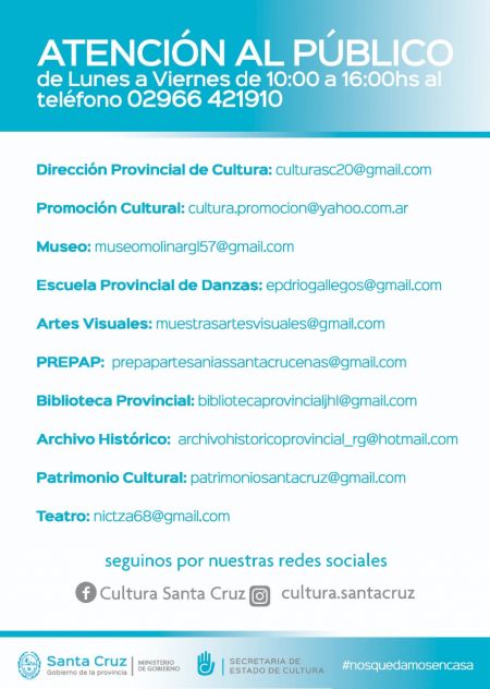 Cultura informa los horarios y modalidad de atención en Río Gallegos