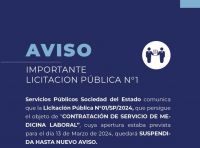 Servicios Públicos comunica suspensión momentánea de la Licitación Pública N°1